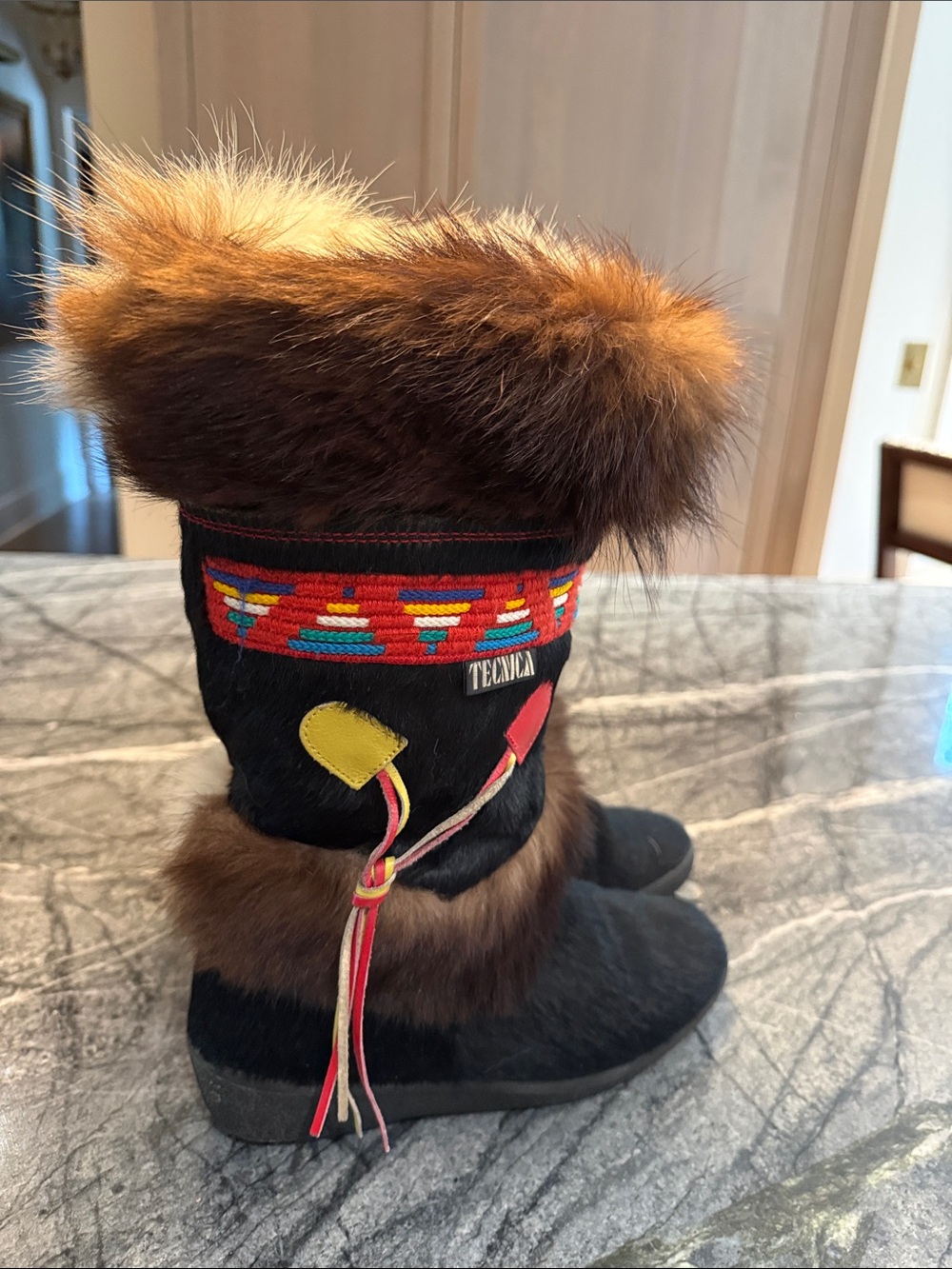 Tecnica Black Boots with Brown Fur Trim and Colorful Accents